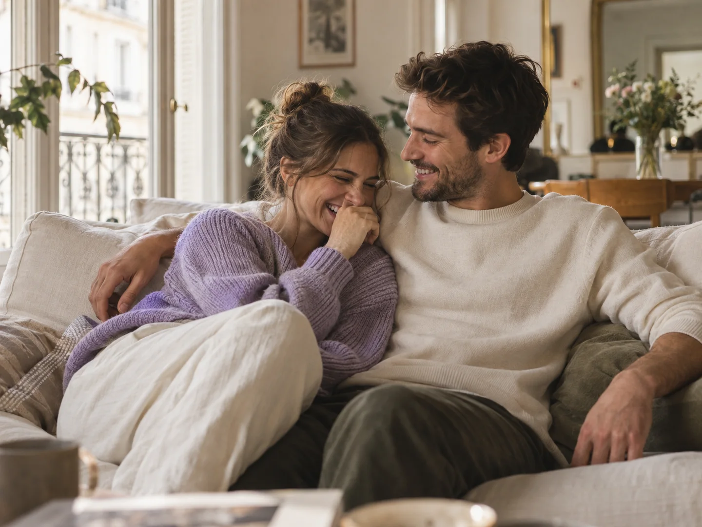 A couple laughing together on a sofa